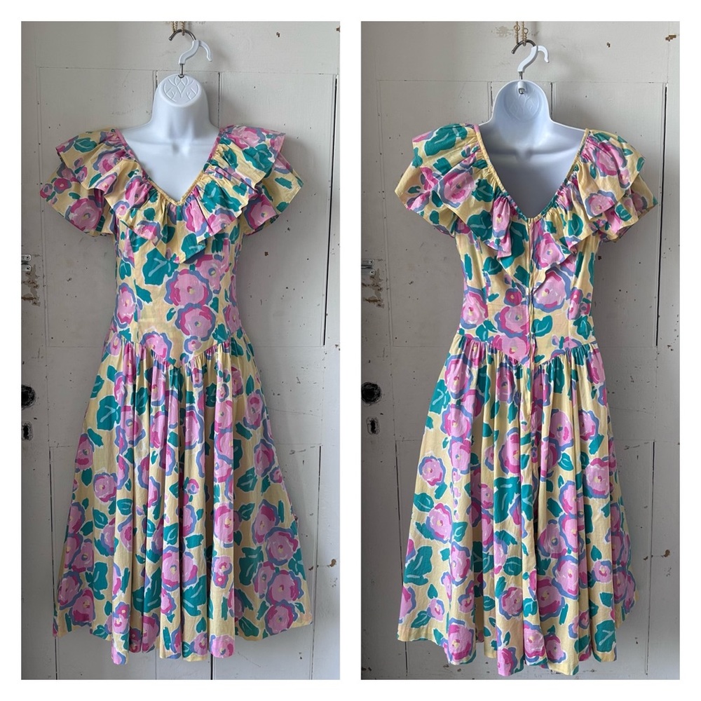 1980s Laura Ashley Cotton Floral Print Ruffles Sweetheart Waist Midi Dress